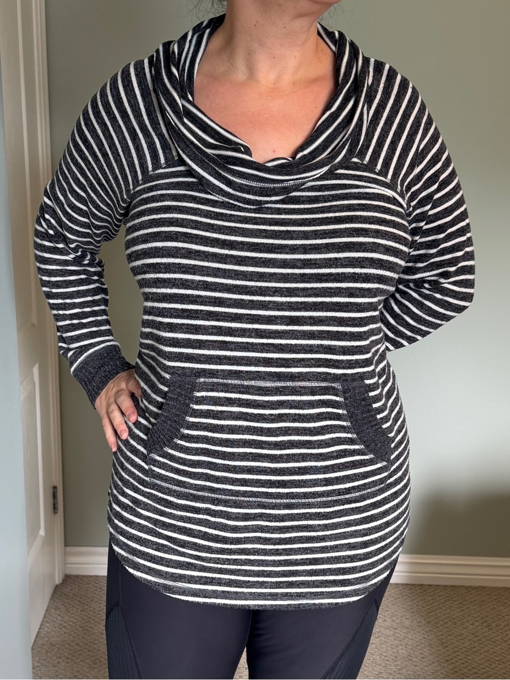 Cozy dark grey & White Striped Cowl Neck Sweater Tunic